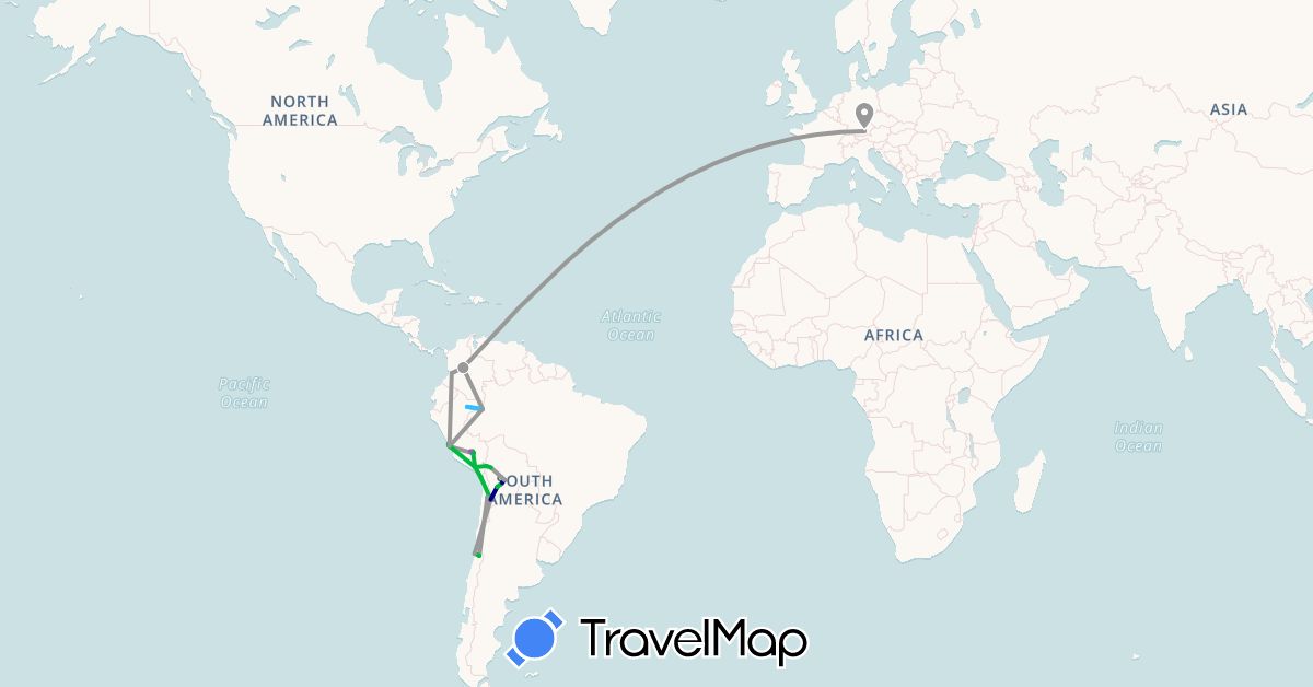 TravelMap itinerary: driving, bus, plane, train, hiking, boat in Bolivia, Brazil, Chile, Colombia, Germany, Peru (Europe, South America)