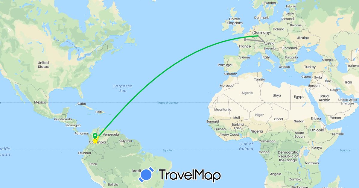 TravelMap itinerary: driving, bus, plane, hiking in Colombia, Germany, France (Europe, South America)