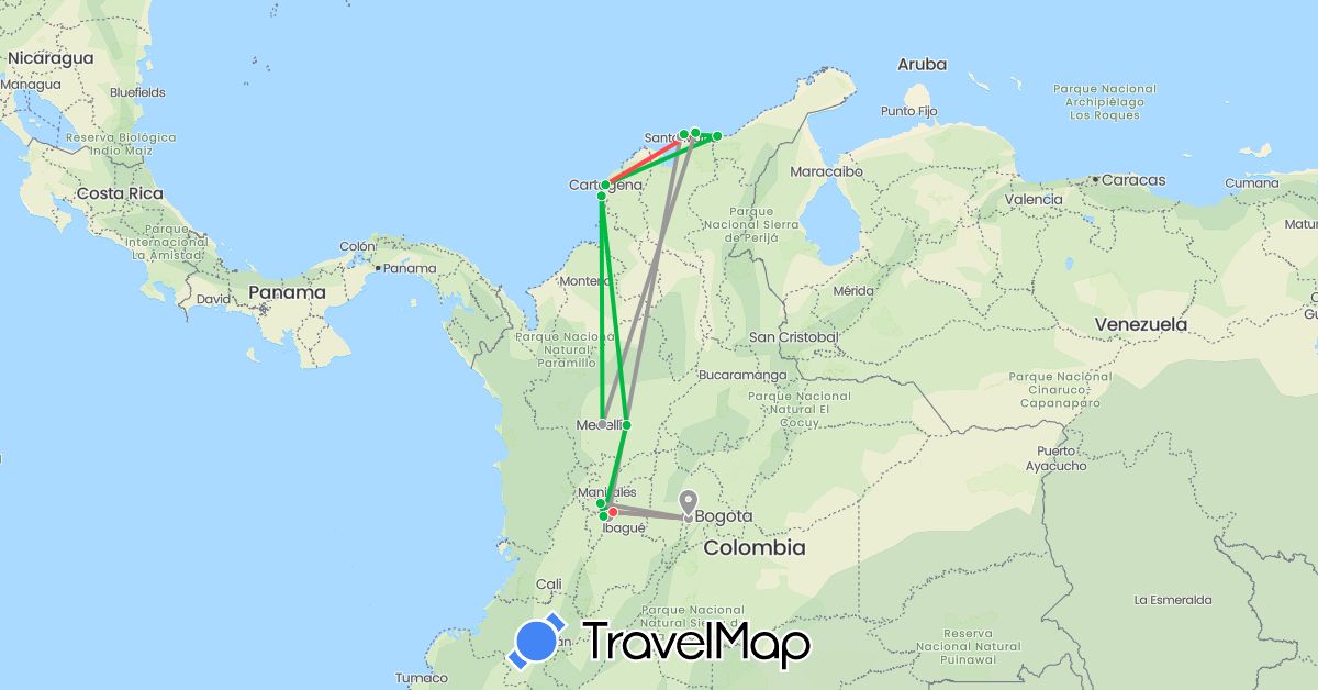 TravelMap itinerary: driving, bus, plane, hiking in Colombia (South America)